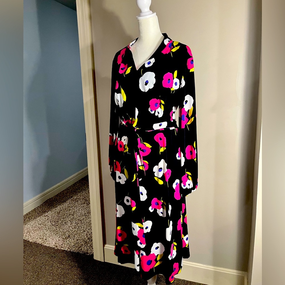 London Times Black Floral Print Long Sleeve Dress Size 12